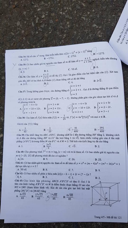 Đề thi, đáp án môn Toán mã đề 121 THPT Quốc gia 2018 chuẩn nhất (Hình 4).