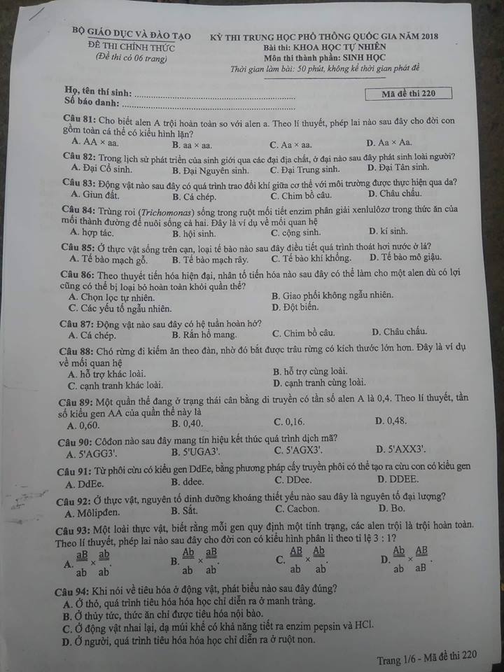 Đề thi, đáp án môn Sinh học mã đề 220 thi THPT Quốc gia 2018 chuẩn nhất
