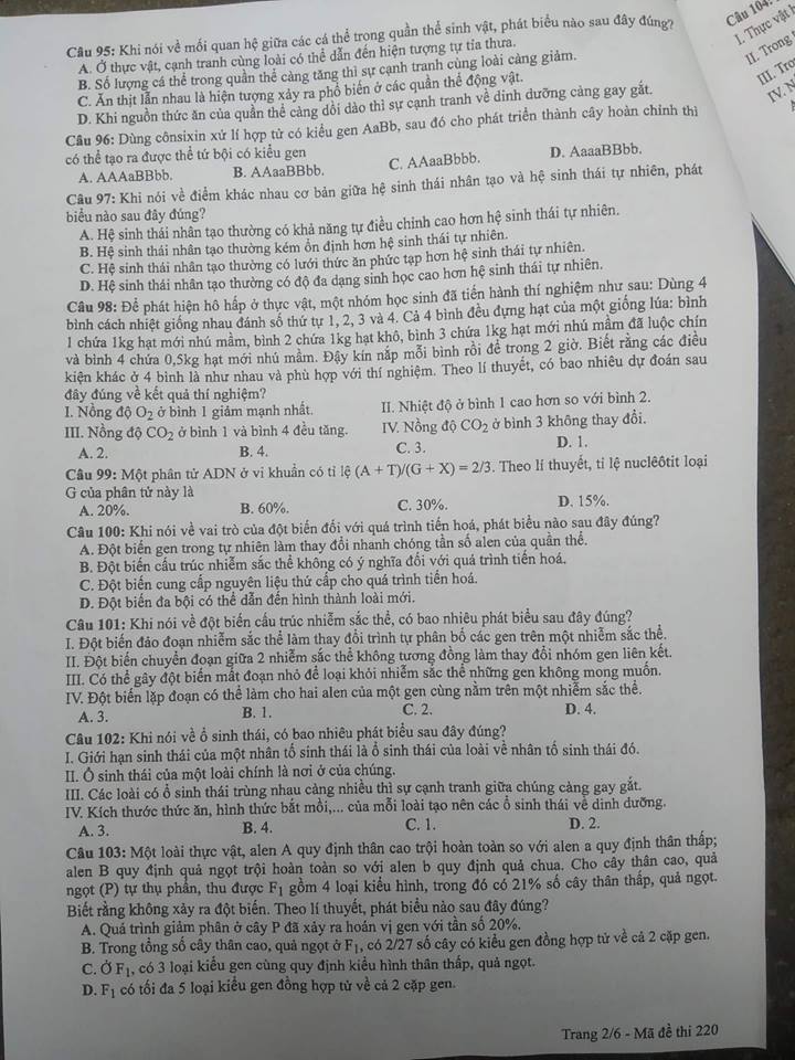 Đề thi, đáp án môn Sinh học mã đề 220 thi THPT Quốc gia 2018 chuẩn nhất (Hình 2).