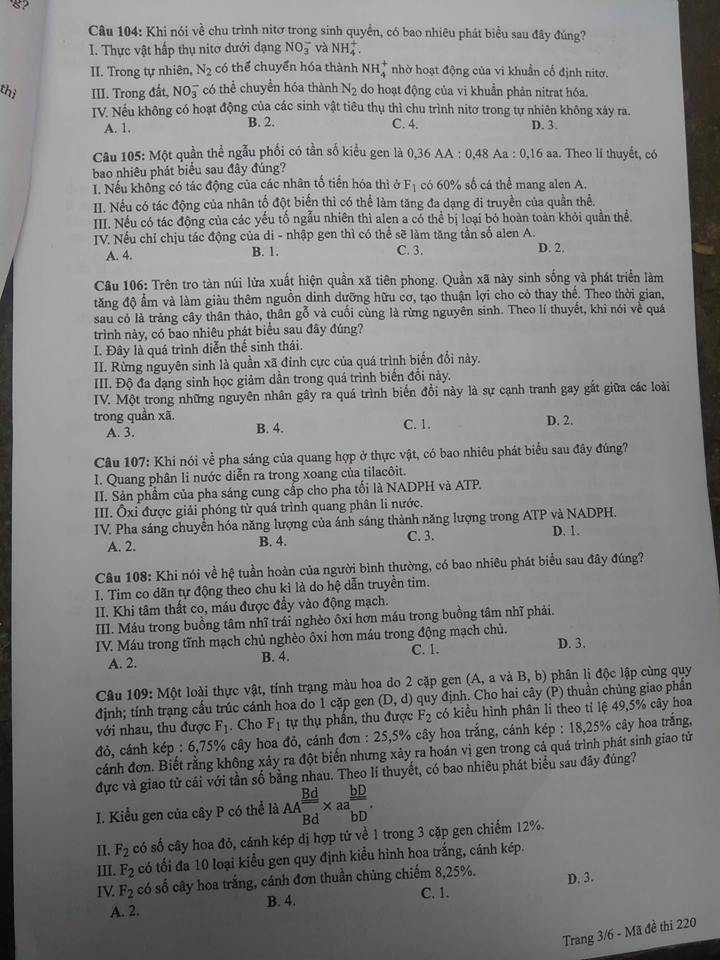 Đề thi, đáp án môn Sinh học mã đề 220 thi THPT Quốc gia 2018 chuẩn nhất (Hình 3).