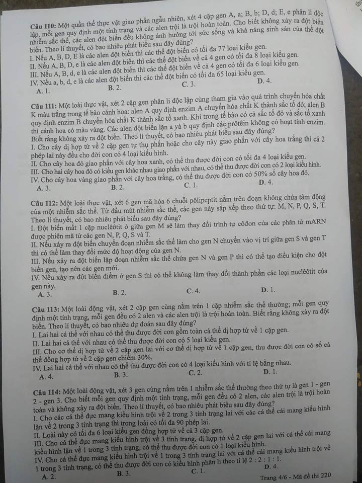 Đề thi, đáp án môn Sinh học mã đề 220 thi THPT Quốc gia 2018 chuẩn nhất (Hình 4).