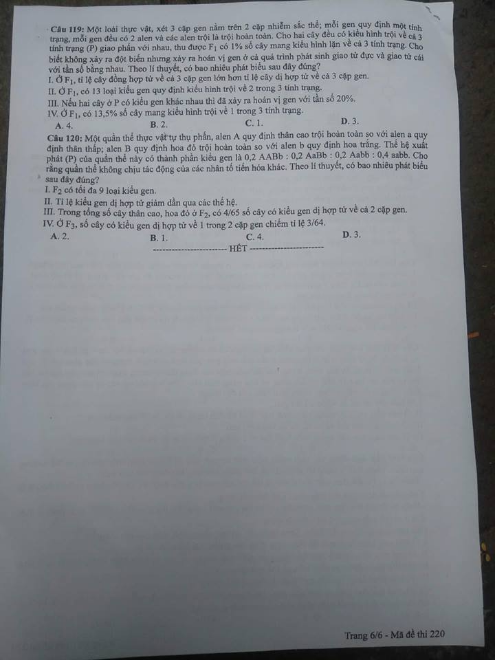 Đề thi, đáp án môn Sinh học mã đề 220 thi THPT Quốc gia 2018 chuẩn nhất (Hình 6).