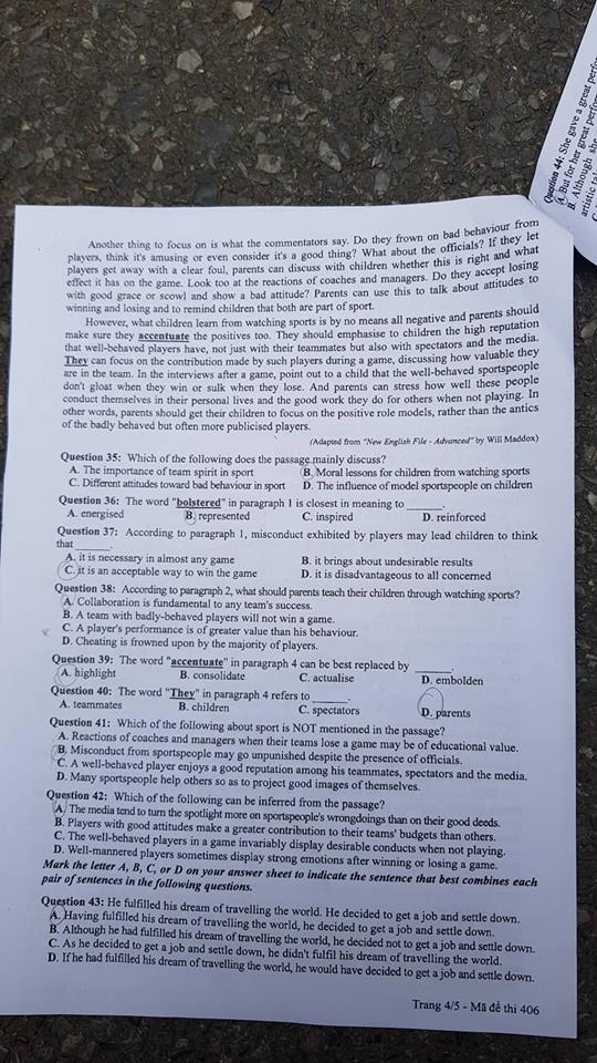 Đề thi, đáp án môn tiếng Anh mã đề 406 THPT Quốc gia 2018 chuẩn nhất (Hình 4).
