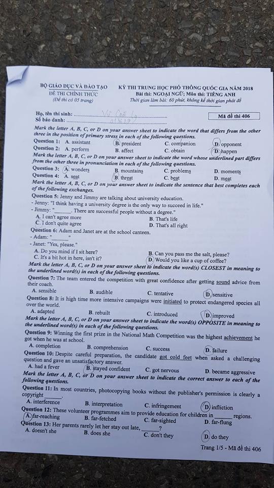 Đề thi, đáp án môn tiếng Anh mã đề 406 THPT Quốc gia 2018 chuẩn nhất