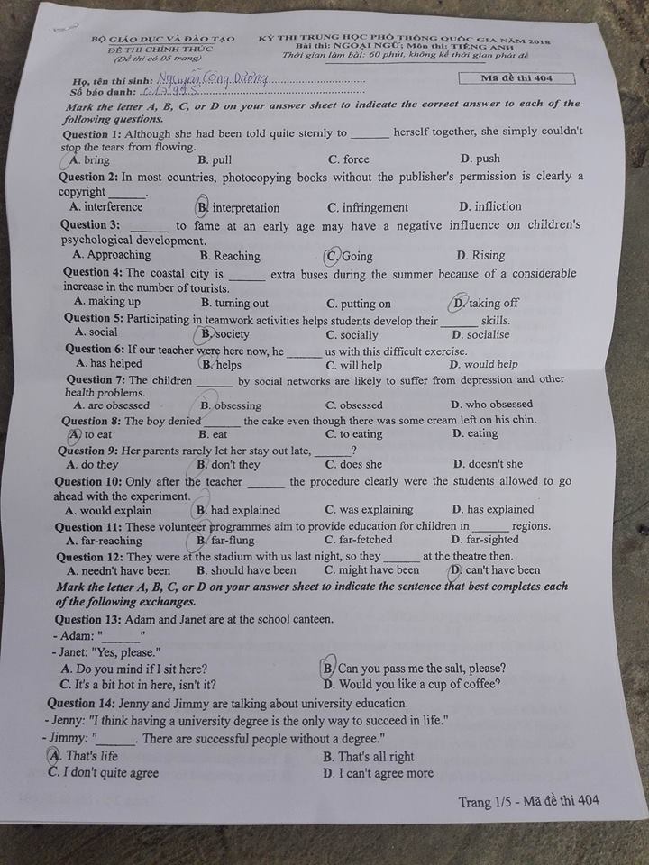 Đề thi, đáp án môn tiếng Anh mã đề 404 THPT Quốc gia 2018 chuẩn nhất
