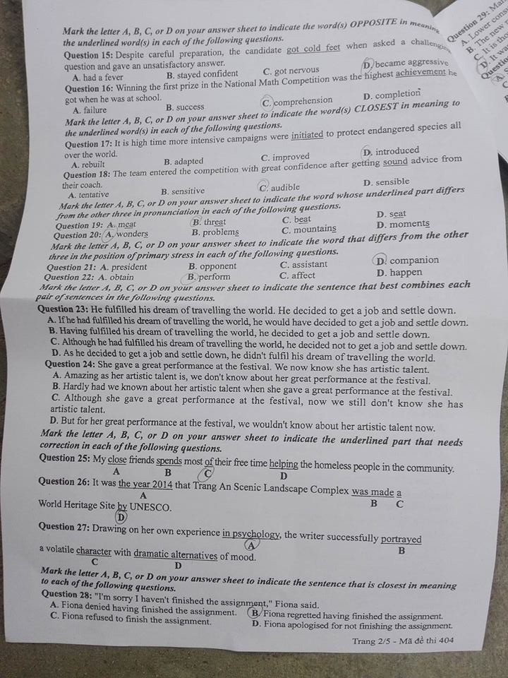 Đề thi, đáp án môn tiếng Anh mã đề 404 THPT Quốc gia 2018 chuẩn nhất (Hình 2).