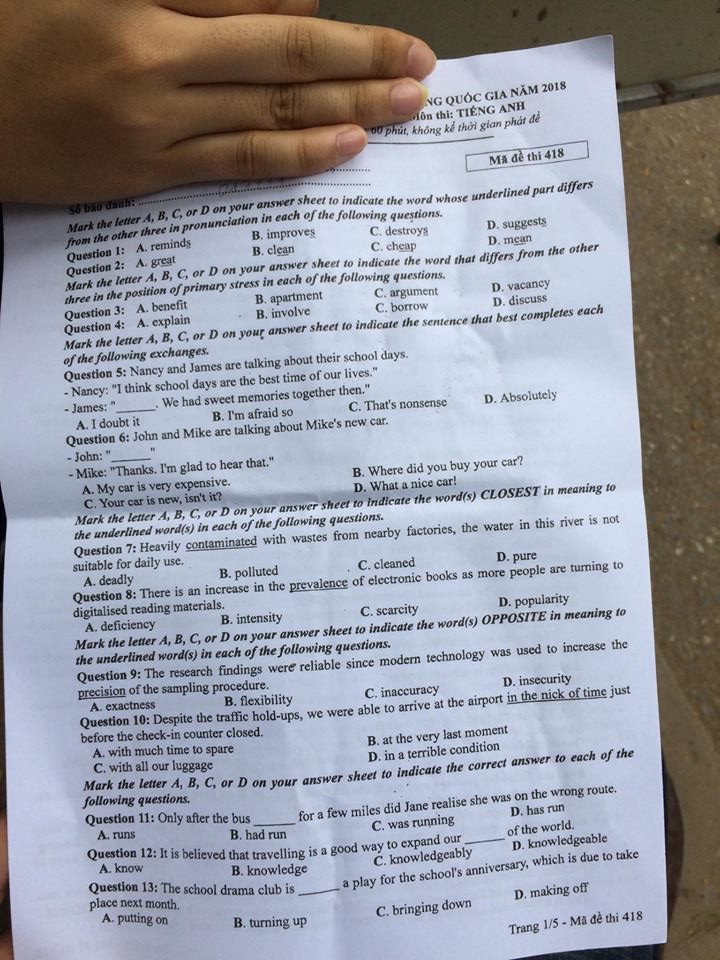 Đề thi, đáp án môn tiếng Anh mã đề 418 THPT Quốc gia 2018 chuẩn nhất