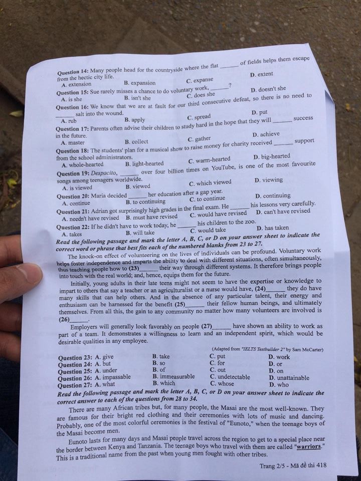 Đề thi, đáp án môn tiếng Anh mã đề 418 THPT Quốc gia 2018 chuẩn nhất (Hình 2).