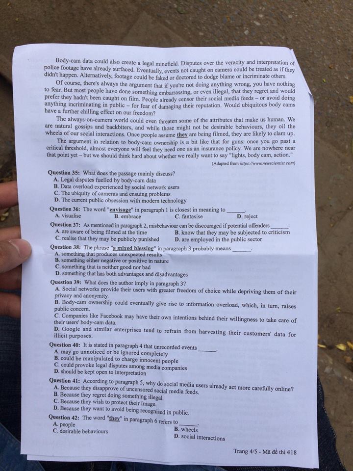 Đề thi, đáp án môn tiếng Anh mã đề 418 THPT Quốc gia 2018 chuẩn nhất (Hình 4).