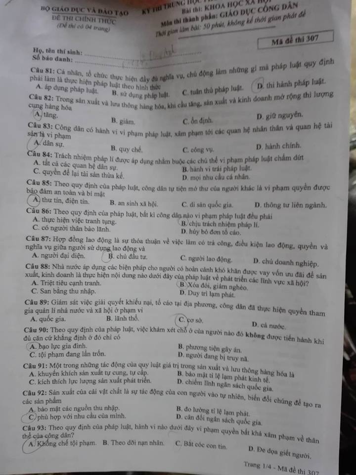 Đề thi, đáp án môn Giáo dục công dân mã đề 307 THPT Quốc gia 2018 chuẩn nhất