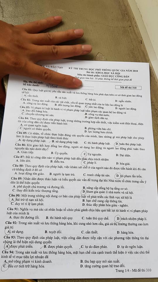 Đề thi, đáp án môn Giáo dục công dân mã đề 310 THPT Quốc gia 2018 chuẩn nhất