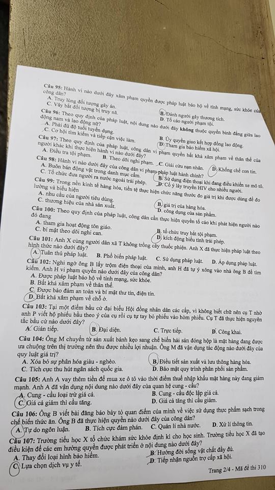 Đề thi, đáp án môn Giáo dục công dân mã đề 310 THPT Quốc gia 2018 chuẩn nhất (Hình 2).