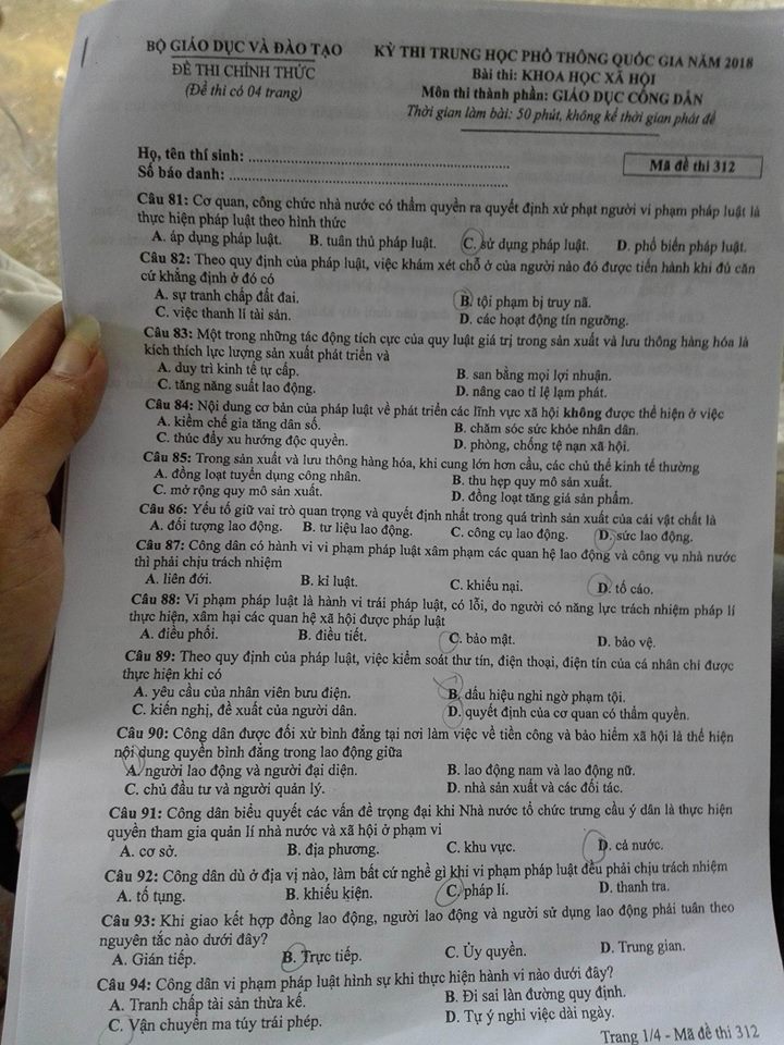 Đề thi, đáp án môn Giáo dục công dân mã đề 312 THPT Quốc gia 2018 chuẩn nhất