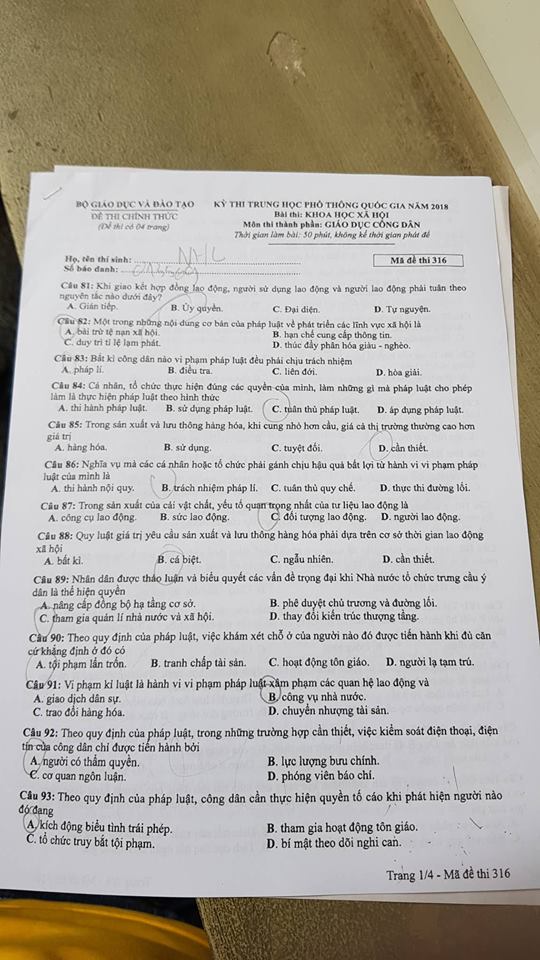 Đề thi, đáp án môn Giáo dục công dân mã đề 316 THPT Quốc gia 2018 chuẩn nhất