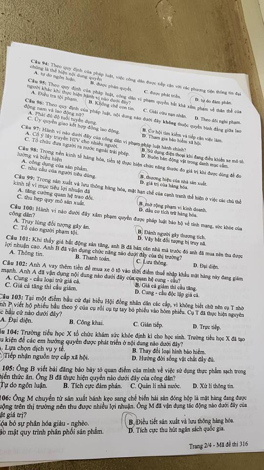 Đề thi, đáp án môn Giáo dục công dân mã đề 316 THPT Quốc gia 2018 chuẩn nhất (Hình 2).