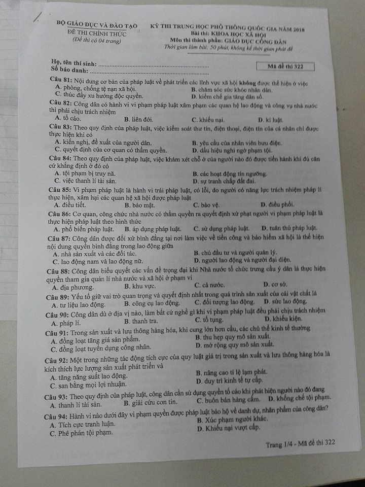 Đề thi, đáp án môn Giáo dục công dân mã đề 322 THPT Quốc gia 2018 chuẩn nhất