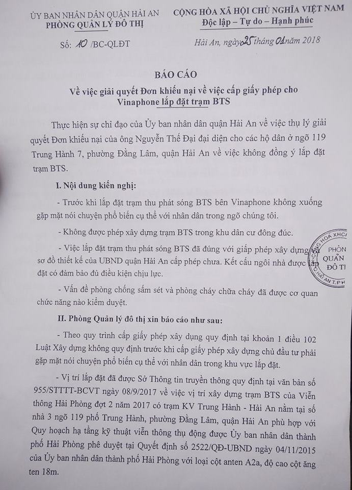 Điểm nóng - Hải Phòng: Lắp đặt trạm BTS vẫn tiếp tục gây tranh cãi sau văn bản giải quyết cấp quận