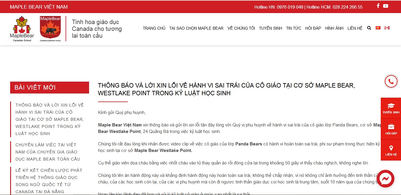 Giáo dục - Trường mầm non Maple Bear có cô giáo nhốt trẻ vào tủ quần áo: Học phí 'trên trời' 20 triệu/tháng