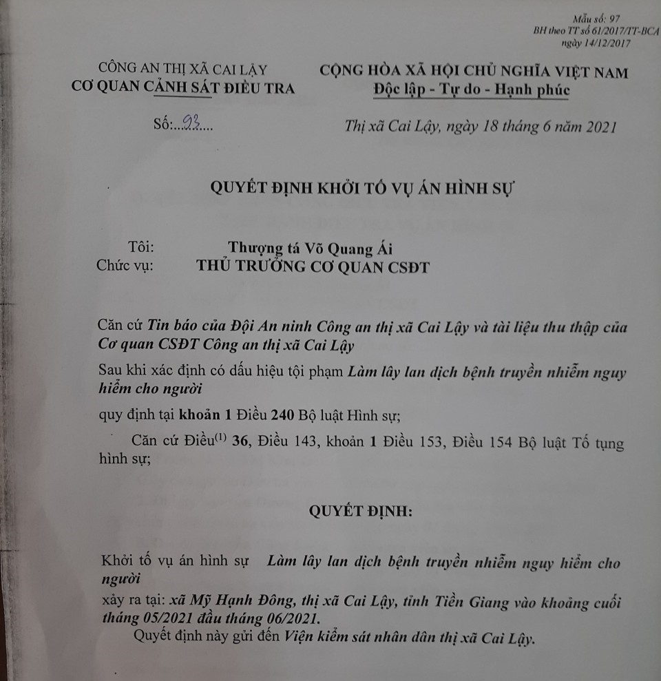 An ninh - Hình sự - Khởi tố vụ án làm lây lan dịch Covid-19 ở thị xã Cai Lậy