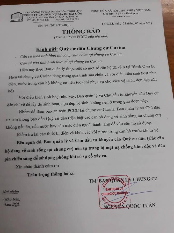 An ninh - Hình sự - Vụ cháy chung cư Carina Plaza: Khởi tố Trưởng ban Quản lý chung cư