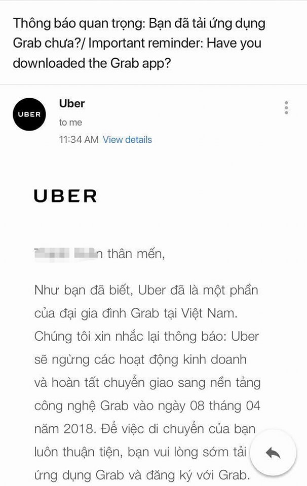 Uber chia tay Việt Nam bằng email hướng dẫn tải ứng dụng Grab