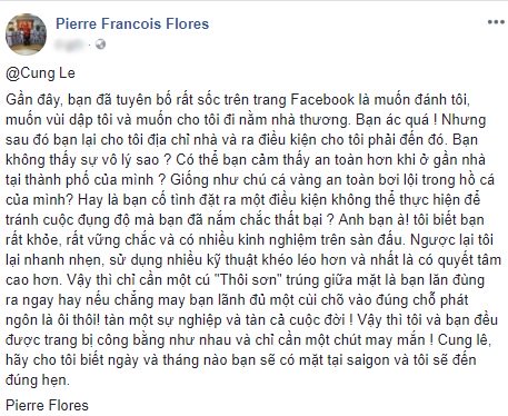 Võ sư Flores gửi chiến thư, dọa hạ Cung Lê chỉ cần một cú 'thôi sơn' 