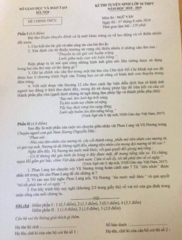 Đề thi, đáp án chính thức môn Ngữ Văn thi vào lớp 10 Hà Nội nhanh và đúng nhất