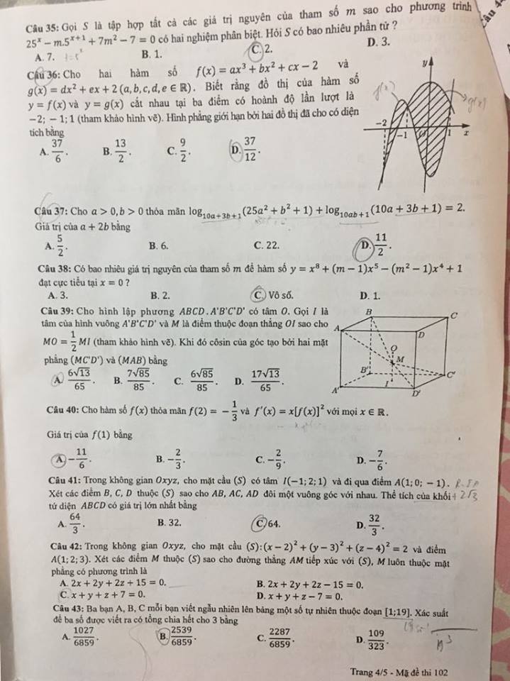Đề thi, đáp án môn Toán mã đề 102 THPT Quốc gia 2018 chuẩn nhất  (Hình 4).