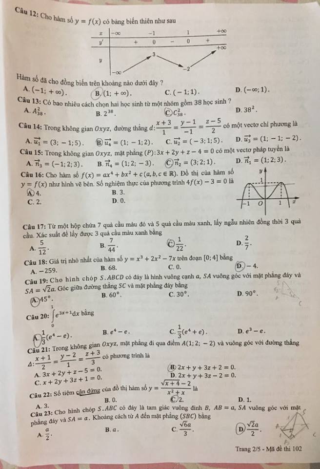 Đề thi, đáp án môn Toán mã đề 102 THPT Quốc gia 2018 chuẩn nhất  (Hình 2).