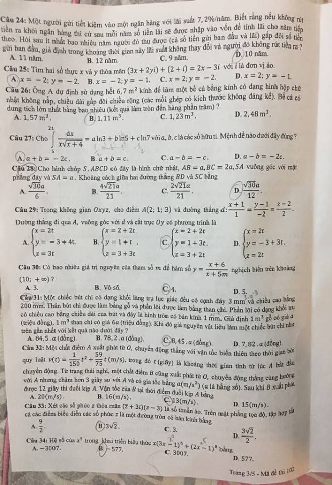 Đề thi, đáp án môn Toán mã đề 102 THPT Quốc gia 2018 chuẩn nhất  (Hình 3).