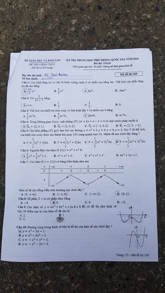 Đề thi, đáp án môn Toán mã đề 105 THPT Quốc gia 2018 chuẩn nhất