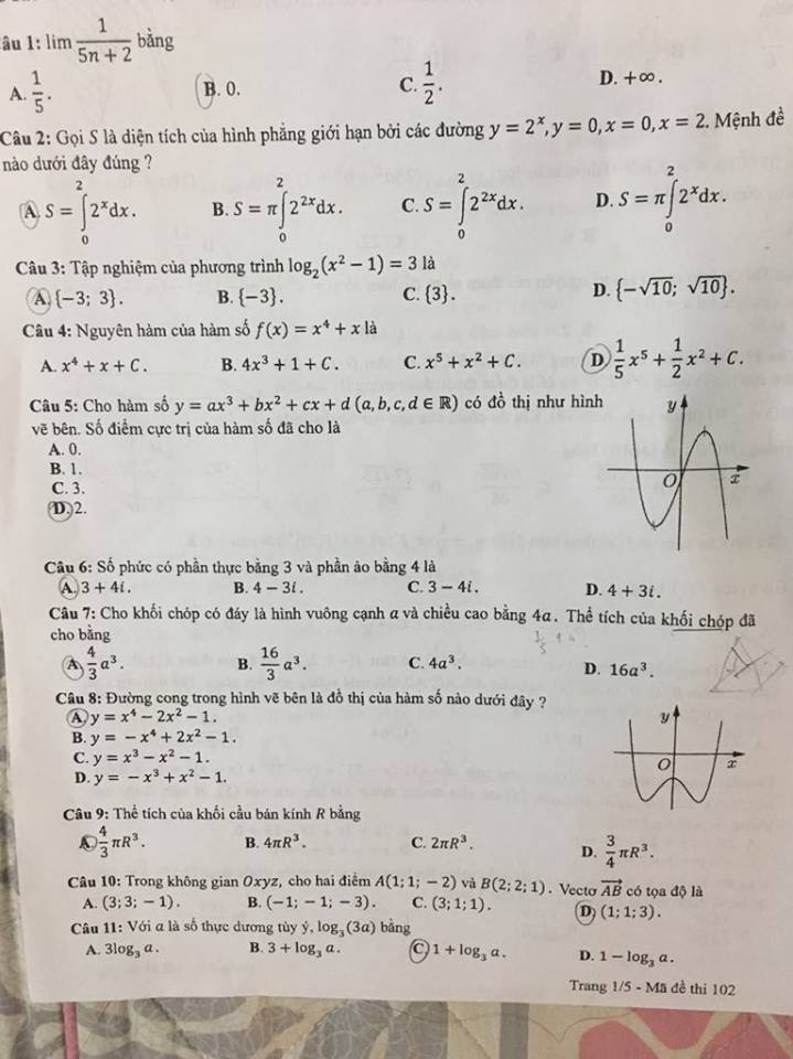 Đề thi, đáp án môn Toán mã đề 102 THPT Quốc gia 2018 chuẩn nhất 