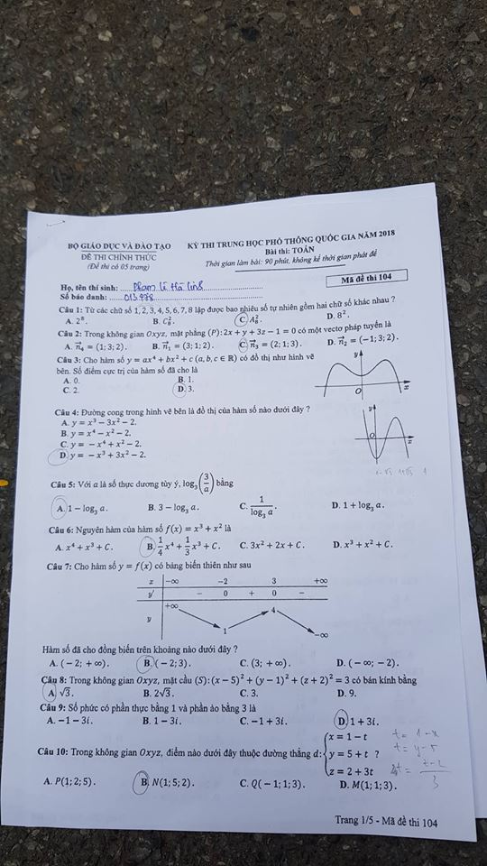Đề thi, đáp án môn Toán mã đề 103 THPT Quốc gia 2018 chuẩn nhất