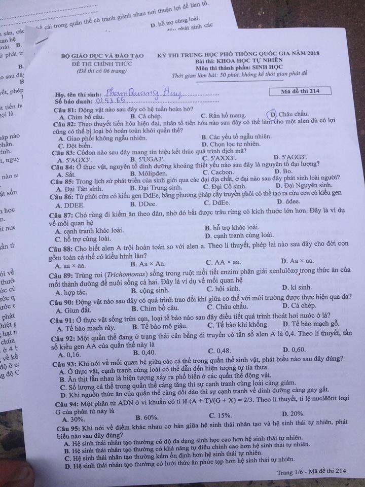 Đề thi, đáp án môn Sinh học mã đề 214  thi THPT Quốc gia 2018 chuẩn nhất