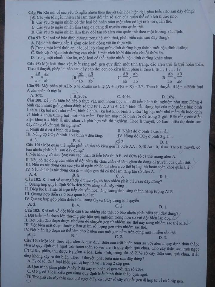Đề thi, đáp án môn Sinh học mã đề 219 THPT Quốc gia 2018 chuẩn nhất (Hình 2).