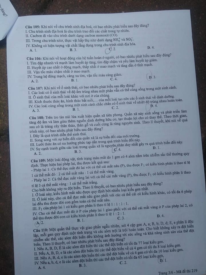 Đề thi, đáp án môn Sinh học mã đề 219 THPT Quốc gia 2018 chuẩn nhất (Hình 3).