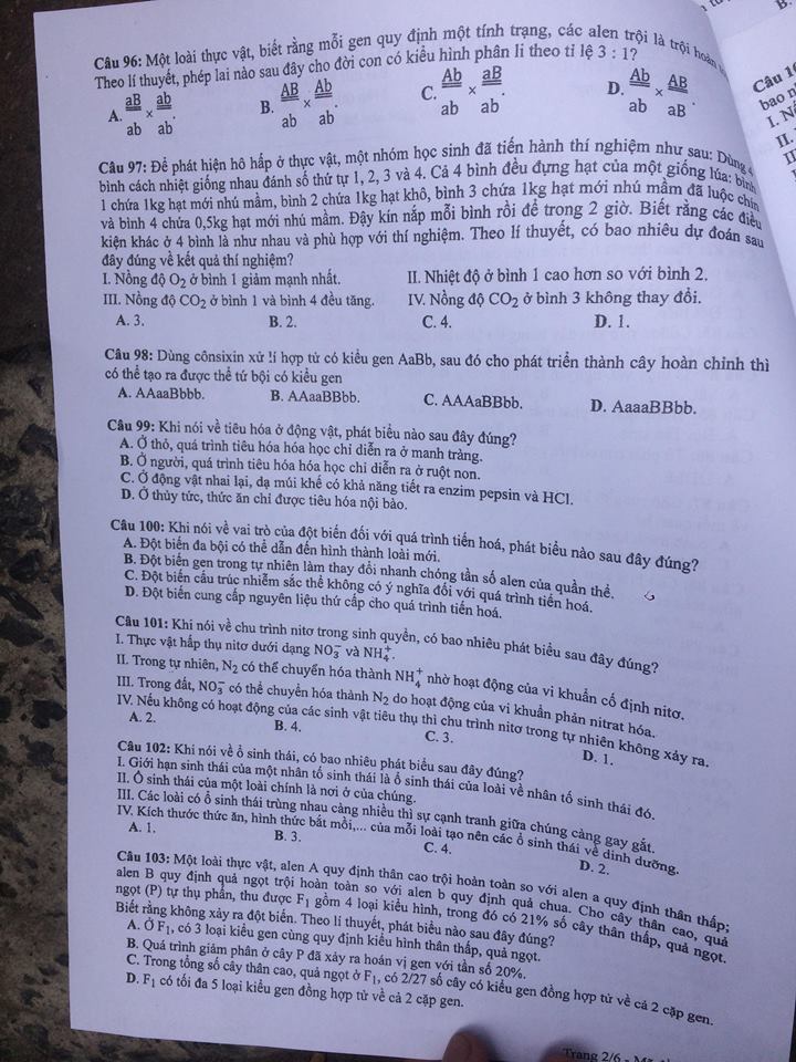 Đề thi, đáp án môn Sinh học mã đề 214  thi THPT Quốc gia 2018 chuẩn nhất (Hình 2).