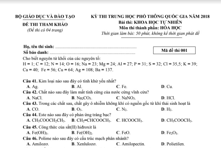 Đề thi, đáp án môn Hóa tất cả mã đề thi THPT Quốc gia 2018 chuẩn nhất cập nhật nhanh (Hình 2).