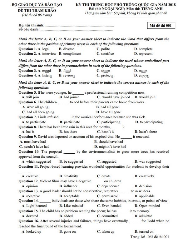 Đề thi, đáp án môn tiếng Anh tất cả mã đề thi THPT Quốc gia 2018 chuẩn nhất cập nhật nhanh