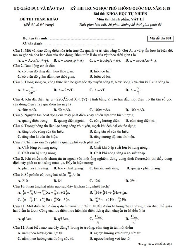 Đề thi, đáp án môn Vật lý tất cả mã đề thi THPT Quốc gia 2018 chuẩn nhất cập nhật nhanh (Hình 3).