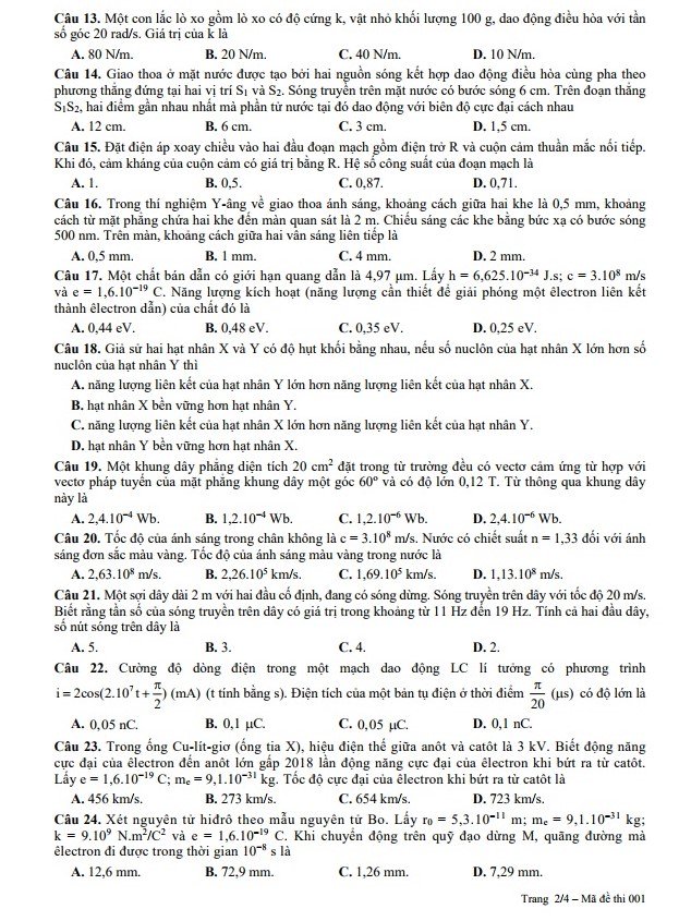 Đề thi, đáp án môn Vật lý tất cả mã đề thi THPT Quốc gia 2018 chuẩn nhất cập nhật nhanh (Hình 4).