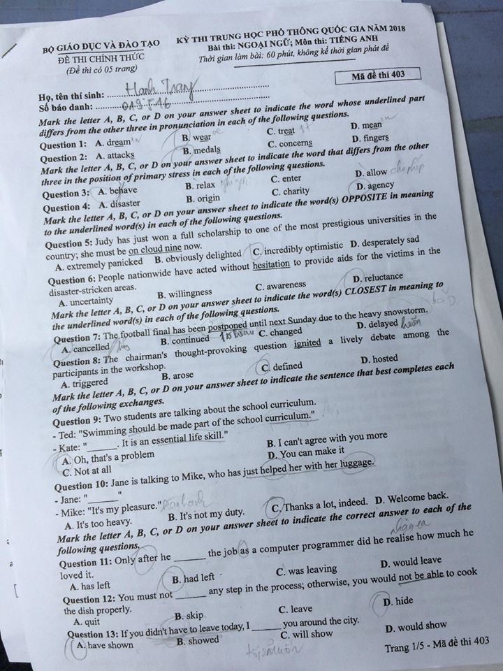 Đề thi, đáp án môn tiếng Anh mã đề 403 THPT Quốc gia 2018 chuẩn nhất
