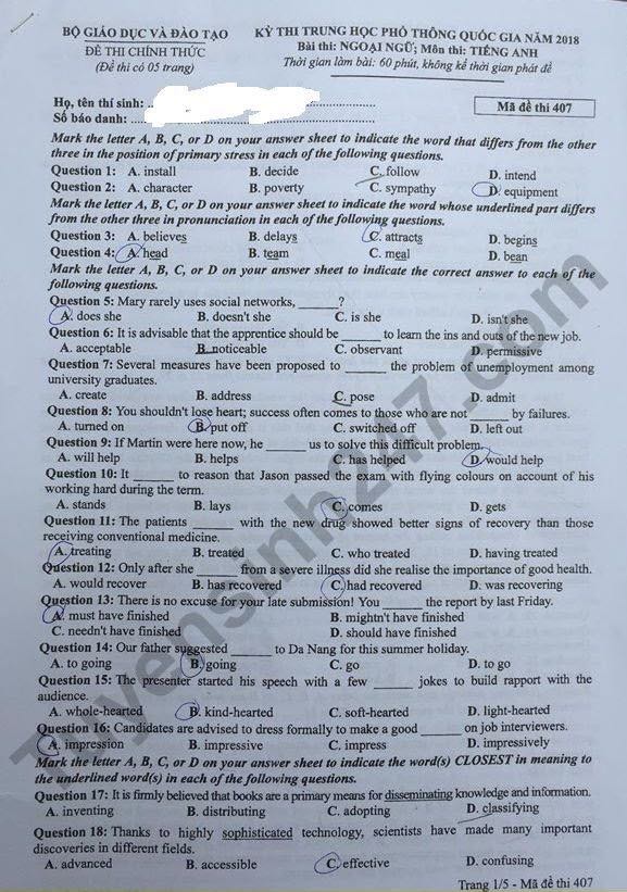 Đề thi, đáp án môn tiếng Anh mã đề 407 THPT Quốc gia 2018 chuẩn nhất