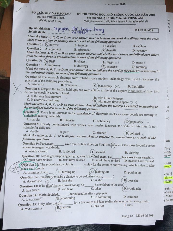 Đề thi, đáp án môn tiếng Anh mã đề 408 THPT Quốc gia 2018 chuẩn nhất