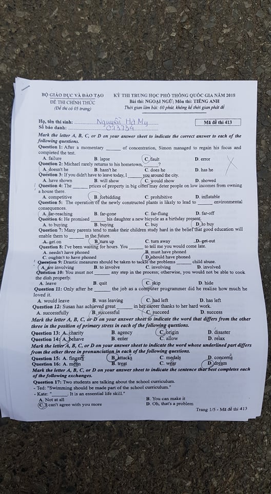 Đề thi, đáp án môn tiếng Anh mã đề 413 THPT Quốc gia 2018 chuẩn nhất