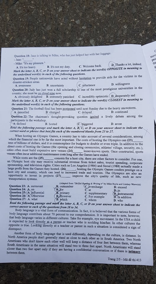 Đề thi, đáp án môn tiếng Anh mã đề 413 THPT Quốc gia 2018 chuẩn nhất (Hình 2).