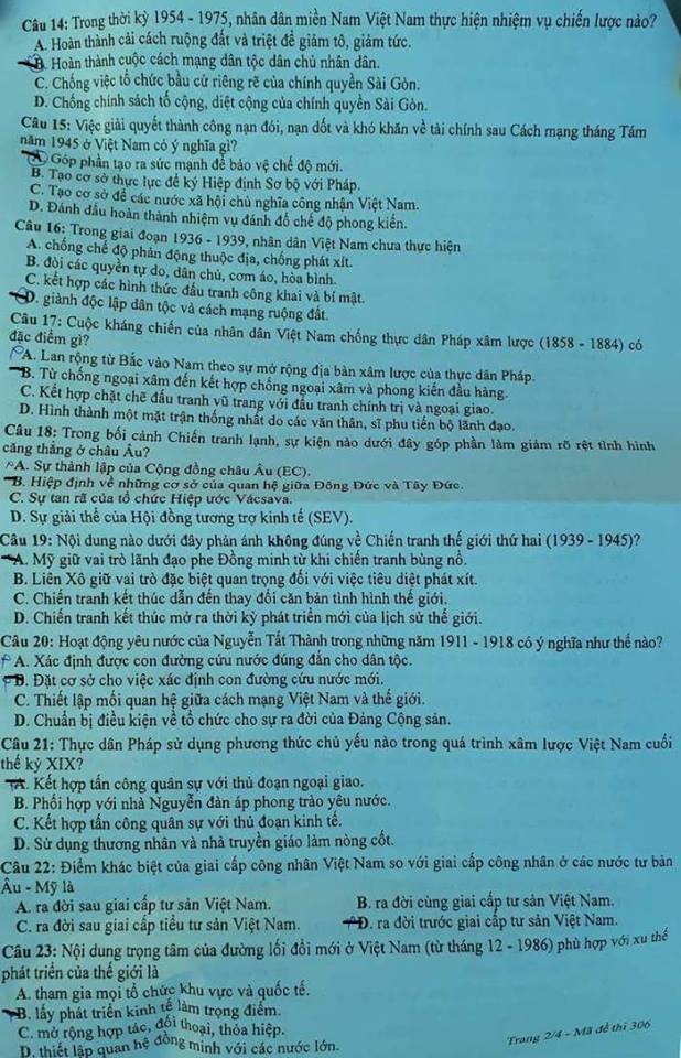 Đề thi, đáp án môn Lịch sử mã đề 306 thi THPT Quốc gia 2018 chuẩn nhất (Hình 2).