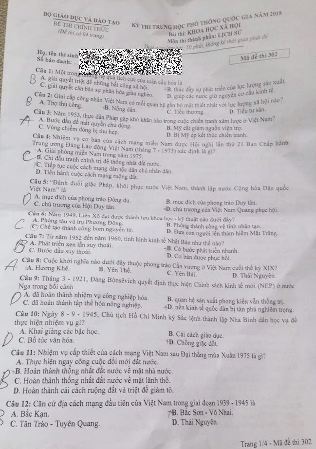 Đề thi, đáp án môn Lịch sử mã đề 302 thi THPT Quốc gia 2018 chuẩn nhất