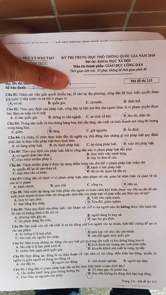 Đề thi, đáp án môn Giáo dục công dân mã đề 315 THPT Quốc gia 2018 chuẩn nhất