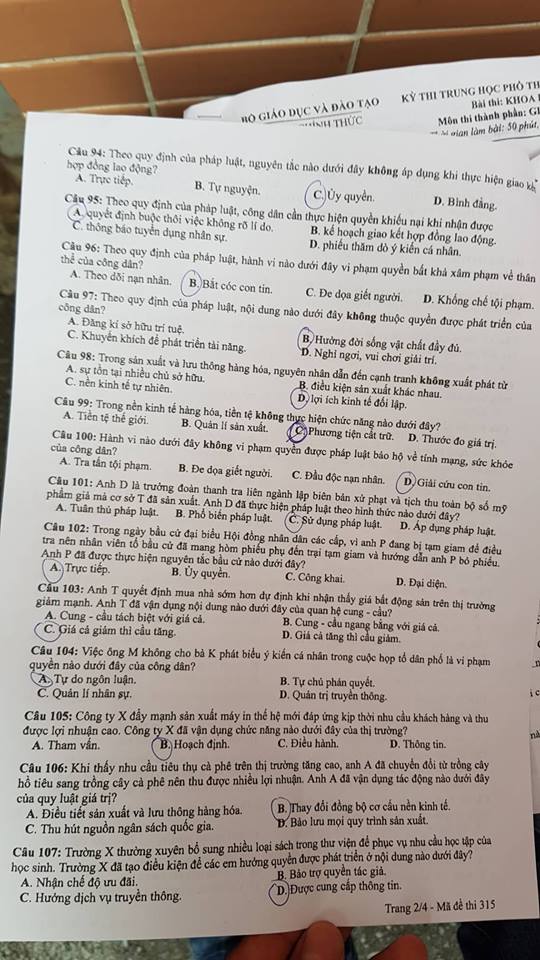 Đề thi, đáp án môn Giáo dục công dân mã đề 315 THPT Quốc gia 2018 chuẩn nhất (Hình 2).
